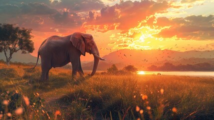 Photo manipulation of elephant in sunset landscape