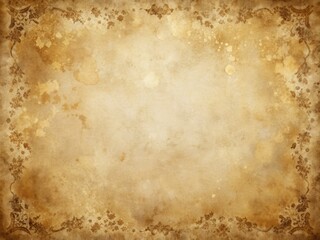 Fototapeta premium Weathered old brown paper parchment background features distressed vintage stains, ink spatter, and a faded shabby white center, evoking an elegant antique beige charm.