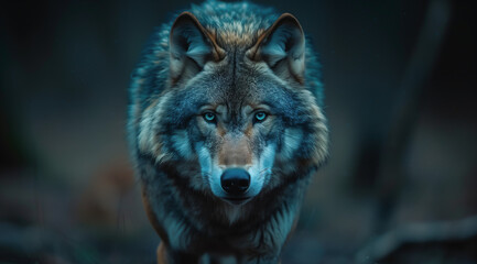 Fototapeta premium Mystical White Wolf with Glowing Eyes in Dark Forest at Night 