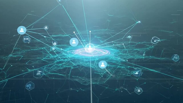 A digital network is represented with abstract lines and circles, with a central node connecting to surrounding icons.
