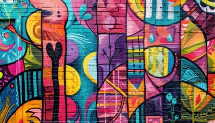 Abstract Colorful Graffiti Art on Brick Wall.