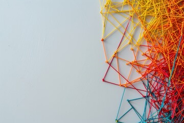 Abstract colorful string art on white background.
