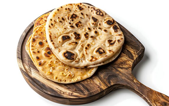 Board and plate of tasty Paratha with on white background.