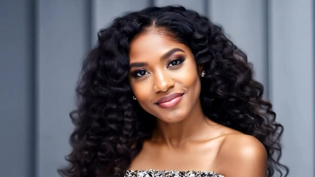 Fashionable young woman with voluminous dark curly hair and elegant makeup, exuding confidence on a modern grey banner background