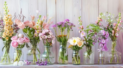 Fototapeta premium Assortment of flowers in vintage glass bottles on a wooden table.