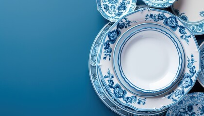 Blue and white china plates on a blue background.