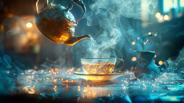 A golden teapot pours steaming hot tea into a delicate teacup with ornate details. The scene is bathed in soft light and filled with swirling smoke.