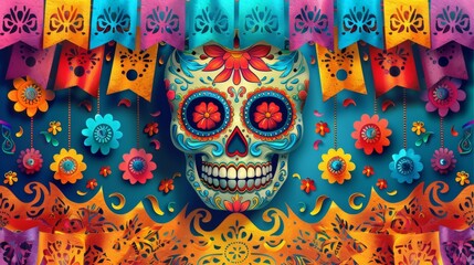 Fototapeta premium Dia de los Muertos Poster with Skeleton in Sombrero Playing Guitar, Marigold Petals, Papel Picado, Candles, and Sugar Skulls