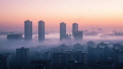 Fototapeta premium Cityscape emerging from fog at sunrise.