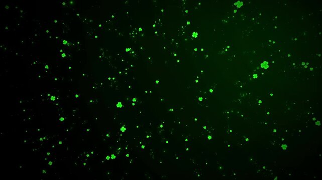 Abstract Green Shiny Magic Four and Three Leaf Clovers Particles Motion with Shimmering Glitter Sparkle Tail Background, Seamless Loop
