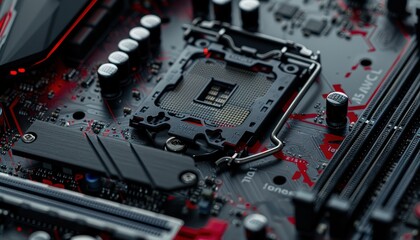 Close-up of a CPU socket on a computer motherboard.