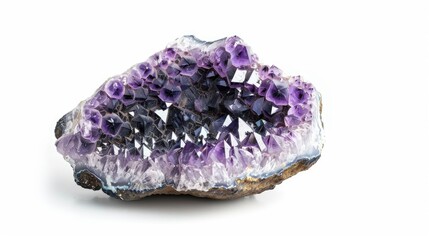 Fototapeta premium Focus on amethyst geode on white background front view Text space