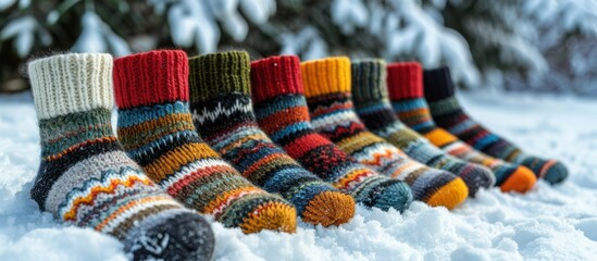 Colorful Knit Socks on Snowy Ground