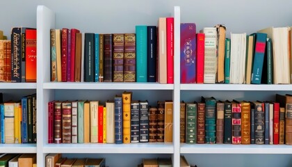 Collection of old books on a white bookshelf.