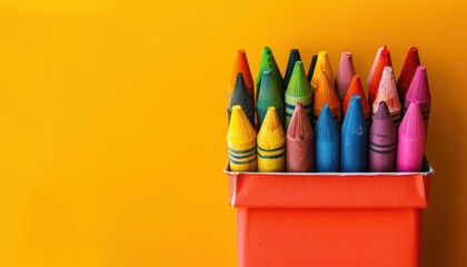 Obraz premium Colorful Crayons in a Red Box Against a Yellow Background.