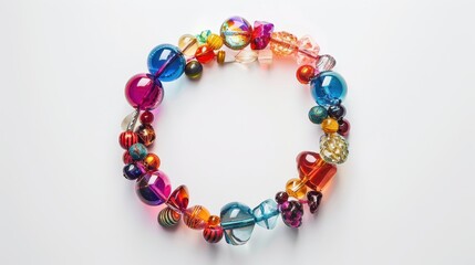 Colorful glass beads forming a circle on white background.