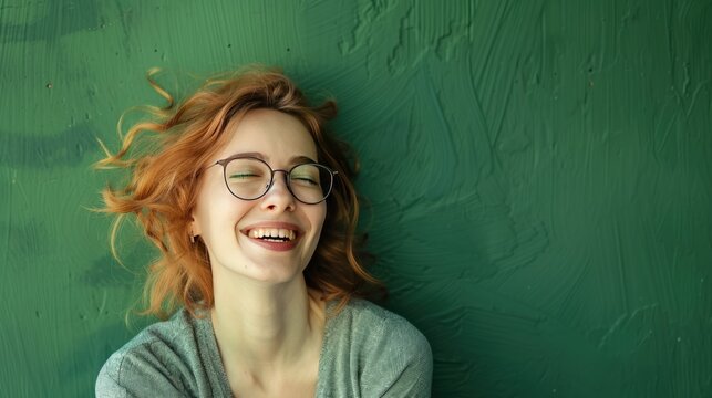 A woman with curly hair and glasses is smiling and wearing a yellow shirt. Generate AI image