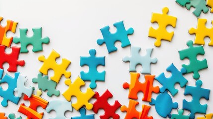 Colorful puzzle pieces on white background.