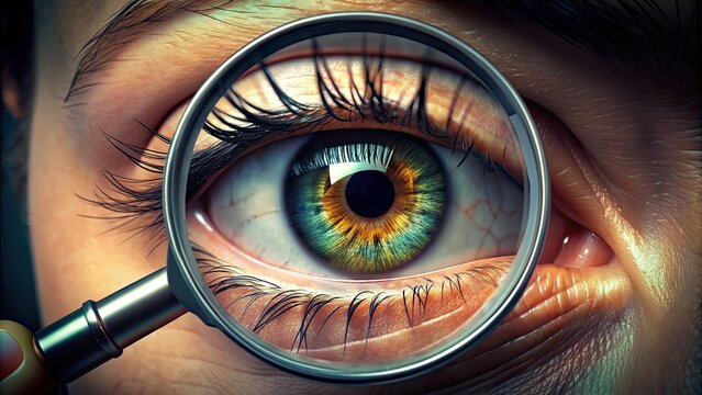 A magnifying glass zooms in on a vibrant human eye illustration, highlighting the intricate details of the iris, perfect for optical health and vision-related campaigns.