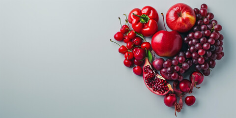 Red fruits and vegetables arranged in the shape of a heart on a white background, in a flat lay © Clynshot