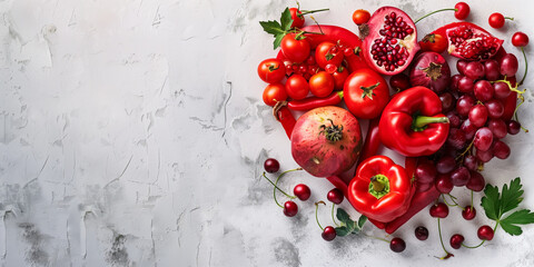 Red fruits and vegetables arranged in the shape of a heart on a white background, in a flat lay