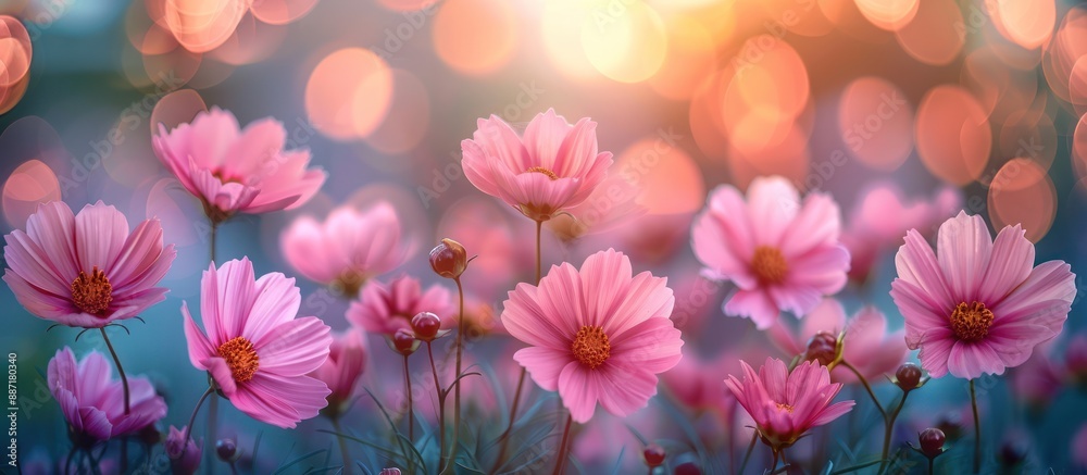 Poster Pink Cosmos Flowers Blooming in Soft Light