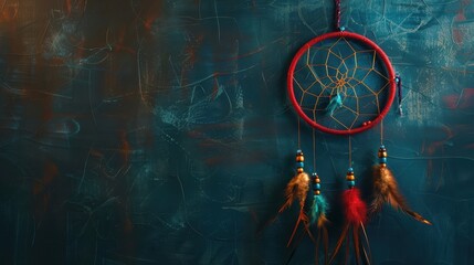 Dreamcatcher with Feathers and Beads on Textured Background.