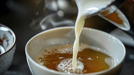 Milk poured into a cup of tea, close up. 