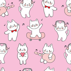 Fototapeta premium Cartoon cute a cat that plays skateboard, music, and is happy pattern seamless vector.