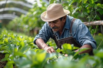 Farmer examining crops in a greenhouse.