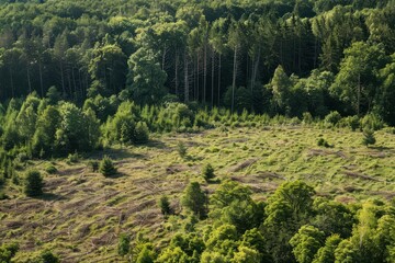 Forest clearing with tree trunks and green foliage.