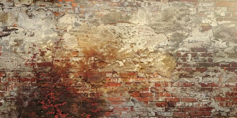 Obraz premium Weathered brick wall with peeling paint and creeping plant, decay and nature concept