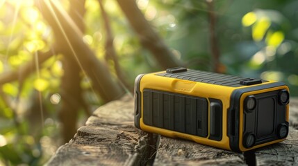 A yellow and black portable battery pack sits on a wooden surface. Generate AI image