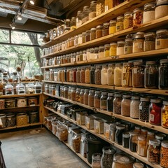 Fototapeta premium Glass jars filled with various grains and legumes on wooden shelves in a grocery store.