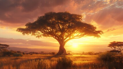 Fototapeta premium Sunset Over African Acacia Tree in Golden Savanna Landscape for Nature, Travel, and Wildlife Posters