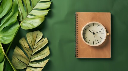 Green Background with Clock and Tropical Leaves.