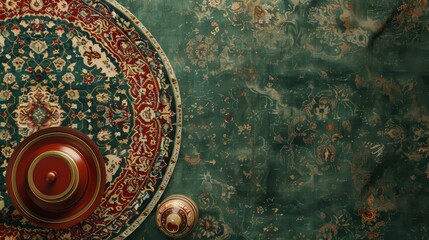 Obraz premium Green and Gold Patterned Rug and Wooden Lid.