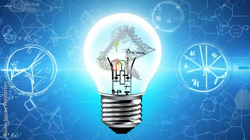 Poster a lightbulb with a complex circuit diagram inside glows against a backdrop of abstract blue lines an