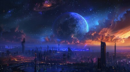 Obraz premium A city is reflected in the water, with a large planet in the background. Generate AI image