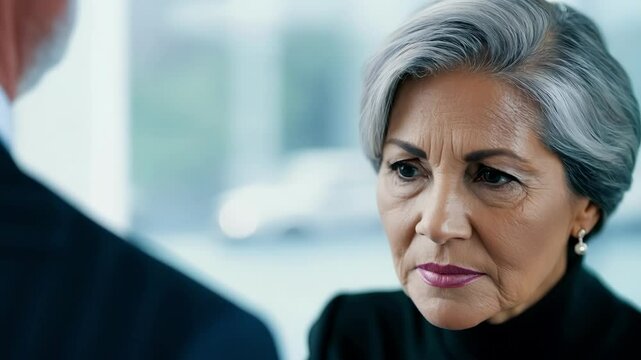 A professional woman with silver strands gracefully handling a difficult client in a customer service role.