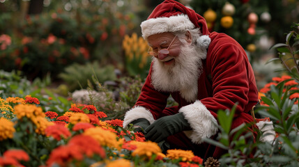 Santa Claus gardening with flowers for Christmas Eve