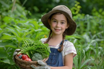 Happy Young Girl Holding a Basket of Freshly Picked Vegetables.