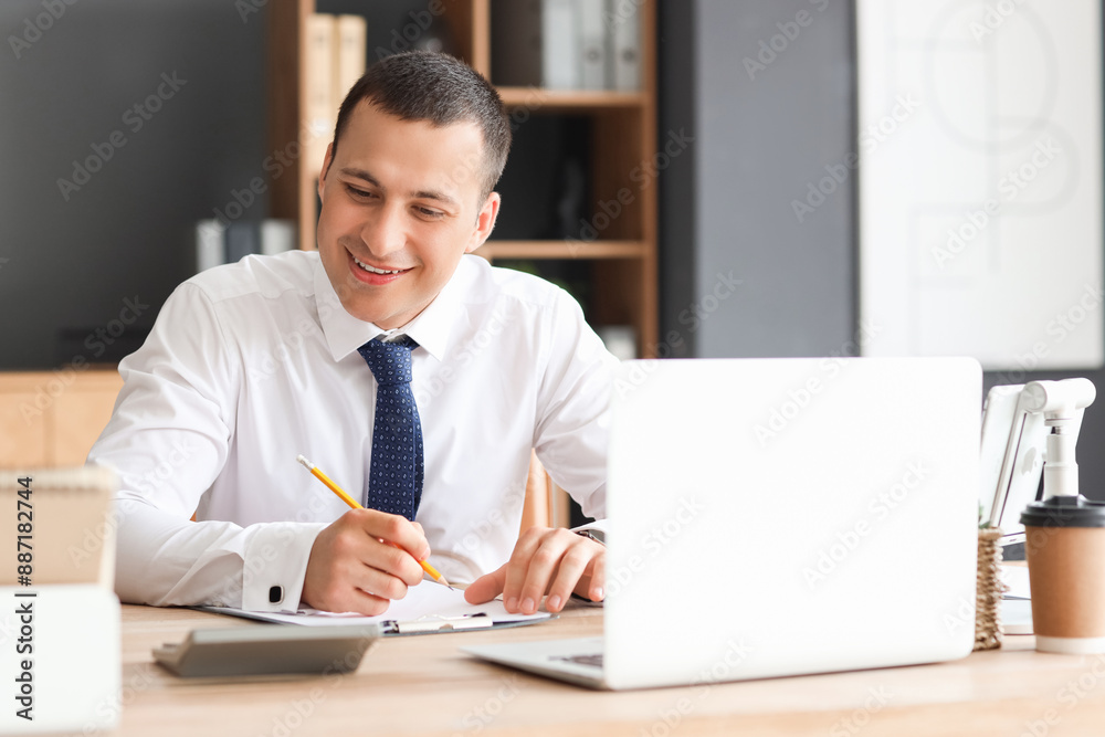 Poster male accountant working at desk in office