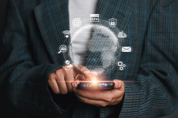 Global Internet Concept: Person Using Smartphone with Digital Globe and Network Icons
