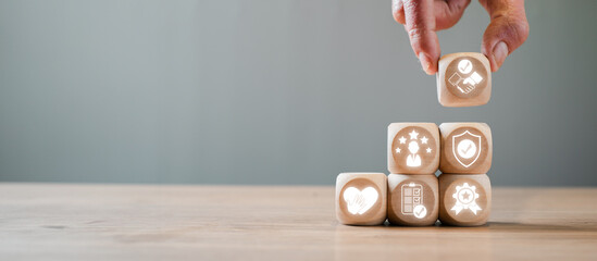 Building Credibility Concept with Wooden Blocks and Icons Representing Trust, Quality, and...