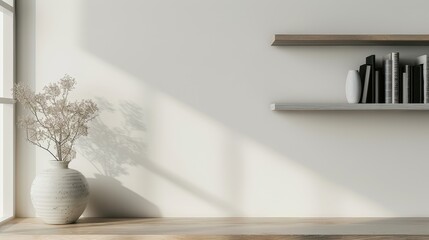 Minimalist Interior with Shelf, Dried Flowers and Vase.