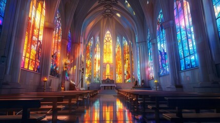 A large, empty church interior with stained glass windows in the walls. The sunlight streams through the windows, casting colorful patterns on the floor.