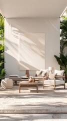 Minimalist Patio Design with Beige Sofa and Tropical Plants.