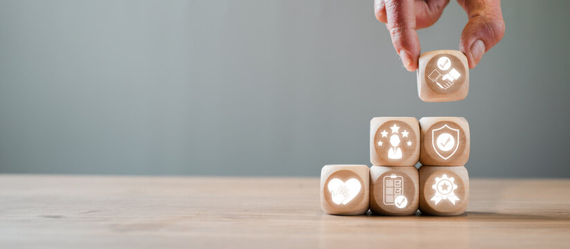 Building Credibility Concept with Wooden Blocks and Icons Representing Trust, Quality, and Reliability
