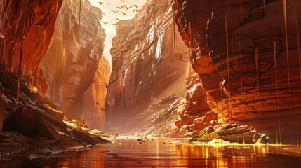 Birds fly over a calm river winding through a narrow canyon with towering red rock walls. Sunlight shines down from above, illuminating the scene.